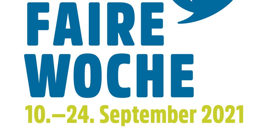 Blauer Schriftzug Faire Woche, links darüber eine blaue Weltkugel. Darunter in grüner Schrift 10. bis 24. September 2021