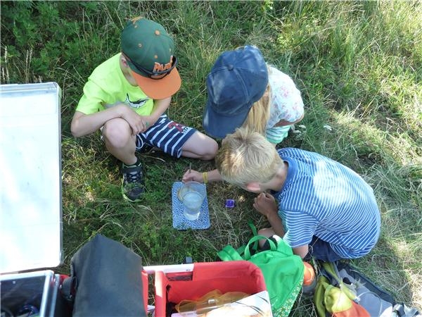 3 Kinder experimentieren vor einem Windkraftrad