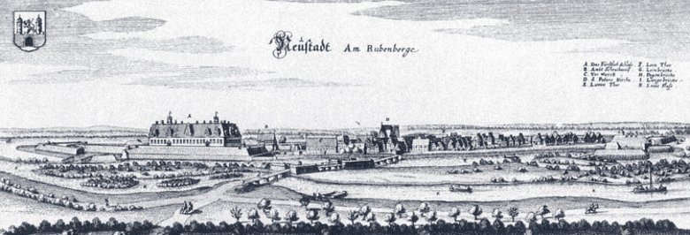 Historischer Kupferstich von Neustadt und Schloss Landestrost