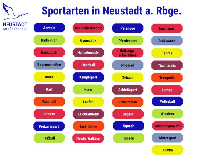 Grafik mit bunten Kästen, in denen die SPortarten, die in Neustadt angeboten werden, genannt werden.