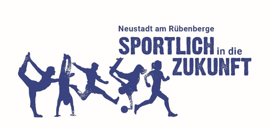 blaue Schattenfiguren von fünf Personen die verschiedene Sportarten betreiben, daneben in blauer Schrift Neustadt am Rübenberge Sportlich in die Zukunft. Alles auf weißem Hintergrund