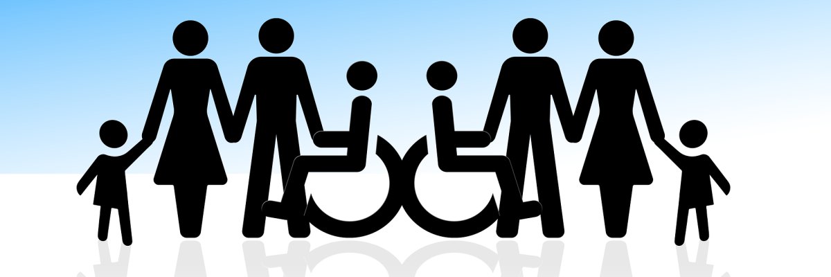 Piktogramme von Menschen mit und ohne Rollstuhl.