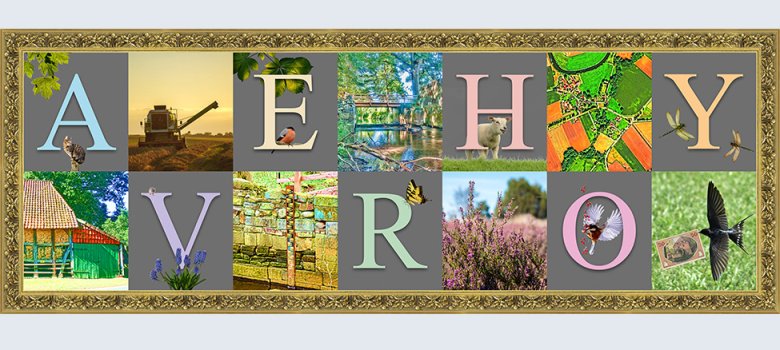 Bild Averhoy Digitale Fotocollage mit den Buchstaben des ortsnamens und den prägensten Merkmalen der ortschaft: Leine, Auter, Landwirtschaft, Dorfentwicklung und der Wassermühle