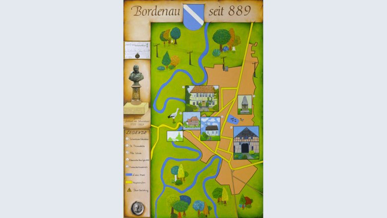 Bild Bordenau Acryl, Öl, Fotocollage auf Holz: Landkarte der Ortschaft, ergänzt um Motive aus der Ortschaft, links eine Spalte mit Scharnhorstdenkmal