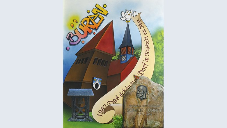 Bild Büren Graffiti, Fotocollage, Assemblage auf Holz, Hauptmotiv: St. Petri-Kirche, unten rechts der Gedenkstein des Dichters Heinrich Schulze-Lohof, oben links Grafitti-Schriftzug Büren