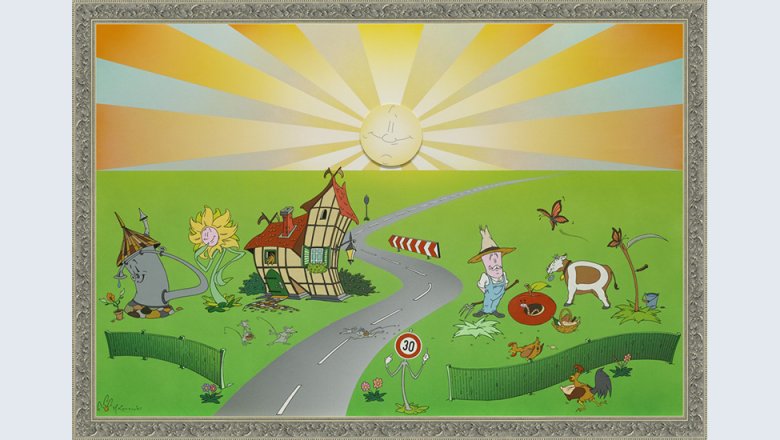 Bild Dinstorf Graffiti, Acryl auf Holz, Comicartige Dartstellung eines kleinen Dorfes, das durch eine Straße geteilt wird. Hintergrund: oben: Sonne strahlt, mitte bis unten: grüne Wiese