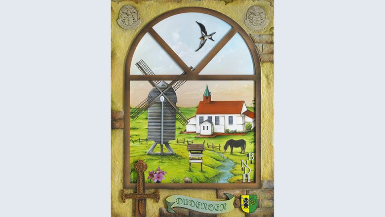 Bild Dudensen Öl, Acryl, Fotocollage; Assemblage, Pappmasche auf Holz, Bilck durch ein Holzfenster auf die Hauptmotive Bockwindmühle und die weiße Kirche aus Dudensen
