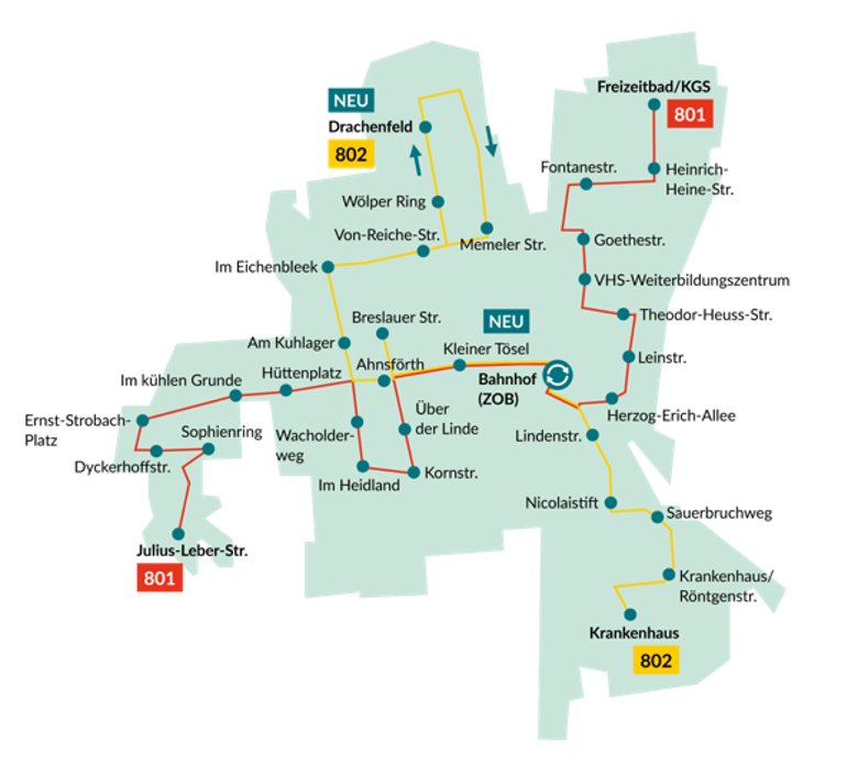 Übersichtskarte der Buslinien 801 und 802 im Stadtgebiet Neustadt