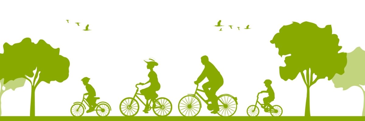 grüne Piktorgramme einer Familie, die eine Fahrradtour macht.