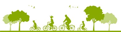 Symbolbild Radfahren grüne Piktorgramme einer Familie, die eine Fahrradtour macht.