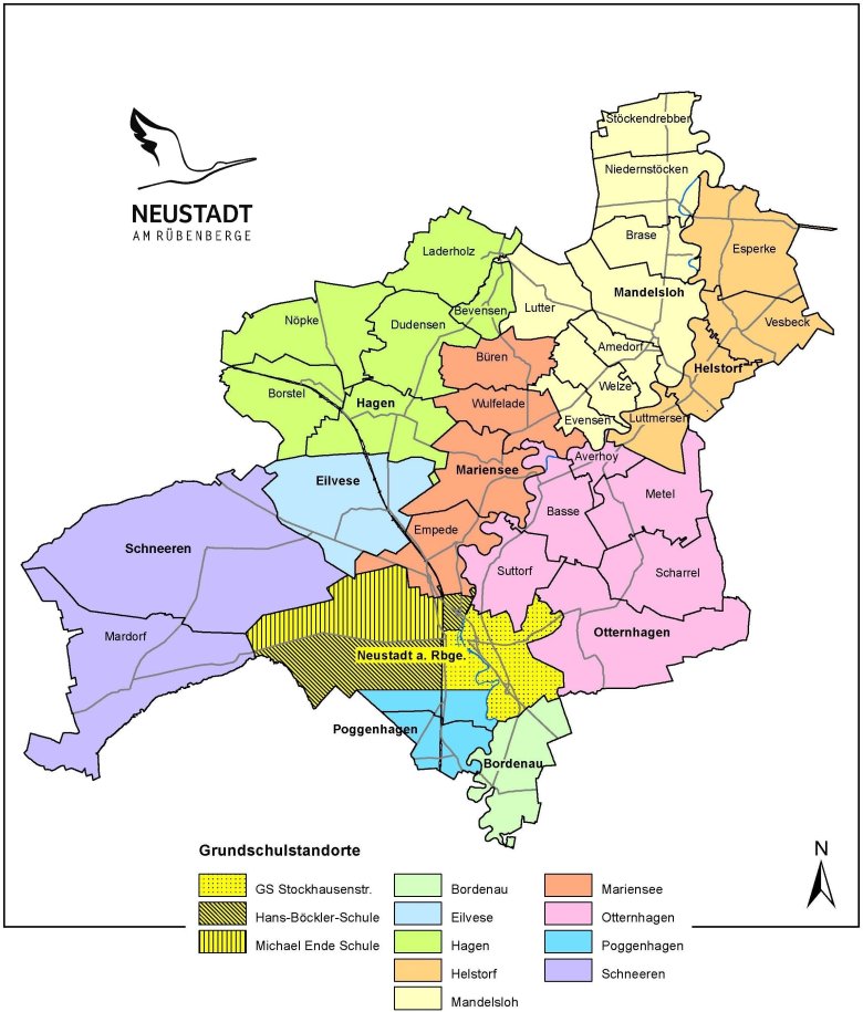 Übersichtskarte von Neustadt a. Rbge. Die Unterschiedlichen Schulbezirke und die dazugehörigen Ortschaften sind farblich markiert.