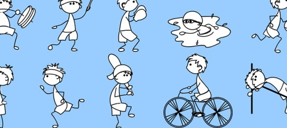 Symbolbild Sport Grafik mit gezeichneten Kindern, die verschiedene Sportarten ausprobieren.