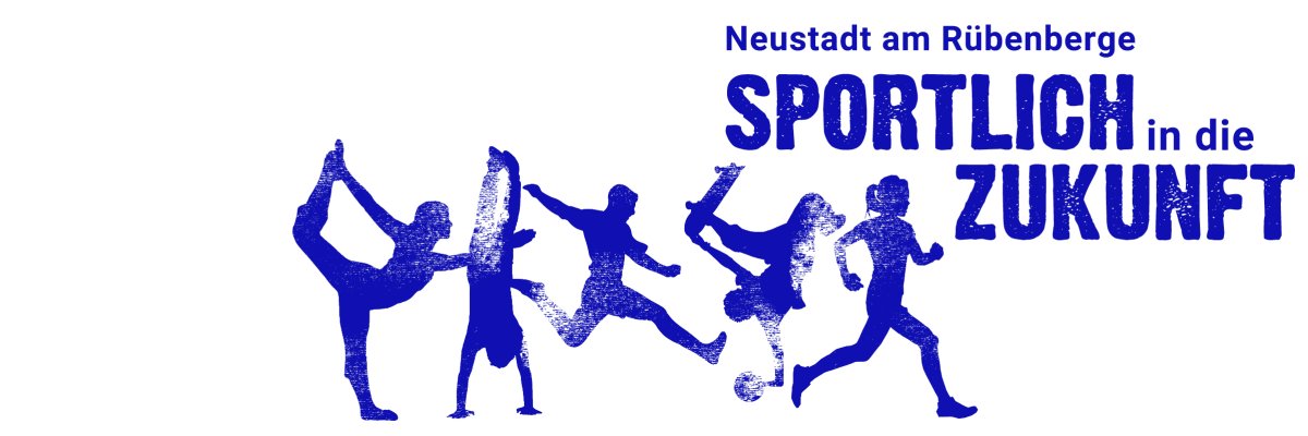 Logo Neustadt Sportlich in die Zukunft blaue Schattenfiguren von fünf Personen die verschiedene Sportarten betreiben, daneben in blauer Schrift Neustadt am Rübenberge Sportlich in die Zukunft. Alles auf weißem Hintergrund