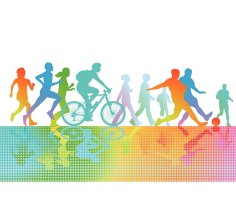 Symbolbild Sport und Bewegung Grafik mit Umrissen verschiedener Personen, die verschiedene Sportarten machen. Die Umrisse sind bunt eingefärbt.