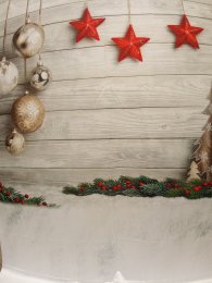 Fotohintergrund Weihnachten Kugeln Sterne Holzwand