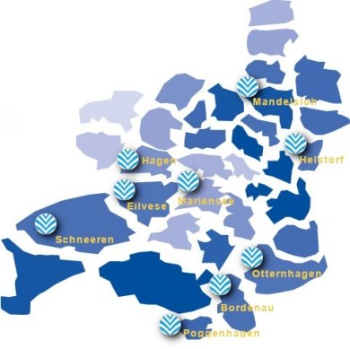 Logo der Stadtbibliothek mit den Standorten der Stadtteilbüchereien