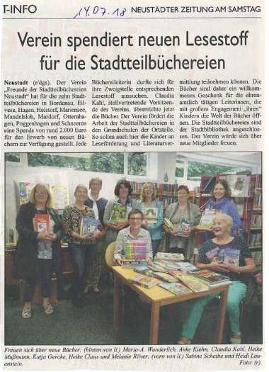 Zeitungsartikel, Verein Freunde der Stadtteilbücherei e. V., Spende erhalten