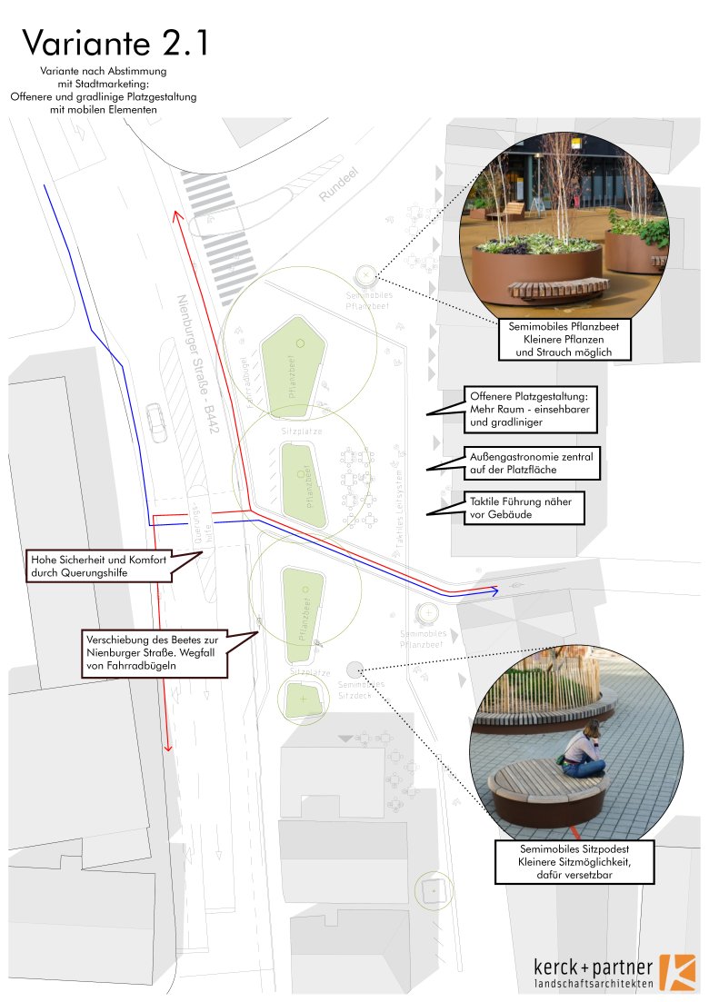 Durch den Ortsrat sowie denAusschuss für Umwelt, Stadtentwicklung, Feuerschutz und allg. Ordnungsangelegenheiten beschlossene Planungsvariante für den Umbau des Lá-Ferté-Macé-Platzes. 