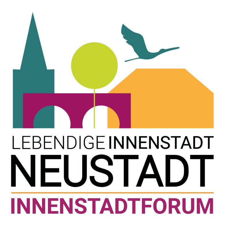 Ankündigung des Innenstadtforums mit neuem Logo der Innenstadtsanierung (abstrahierte Darstellung verschiedener Neustädter Gebäude sowie des Storches)
