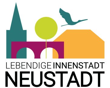 Ankündigung des Innenstadtforums mit neuem Logo der Innenstadtsanierung (abstrahierte Darstellung verschiedener Neustädter Gebäude sowie des Storches)