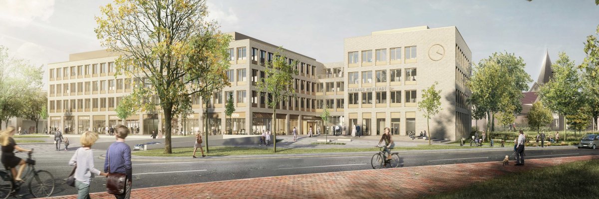 Visualisierung des Rathausneubau von der HErzog-Erich-Allee aus betrachtet. Ein vierstöckiger Neubau mit vielen Fenstern und Ladengeschäften im Erdgeschoss.