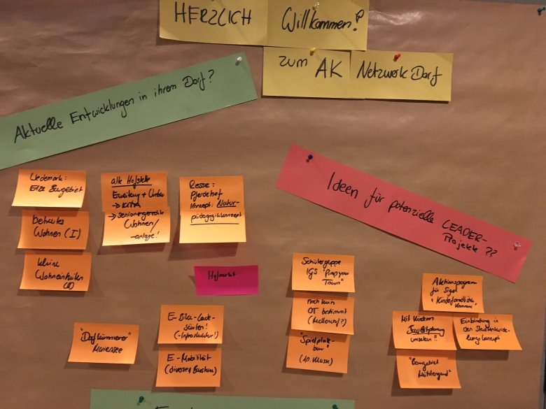 Bild vom AK Netzwerkdorf Brelingen. Auf einer Pinnwand sind viele kleine Zettel mit Ideen für potenzielle Leader-Projekte und aktuelle Entwicklungen im Dorf