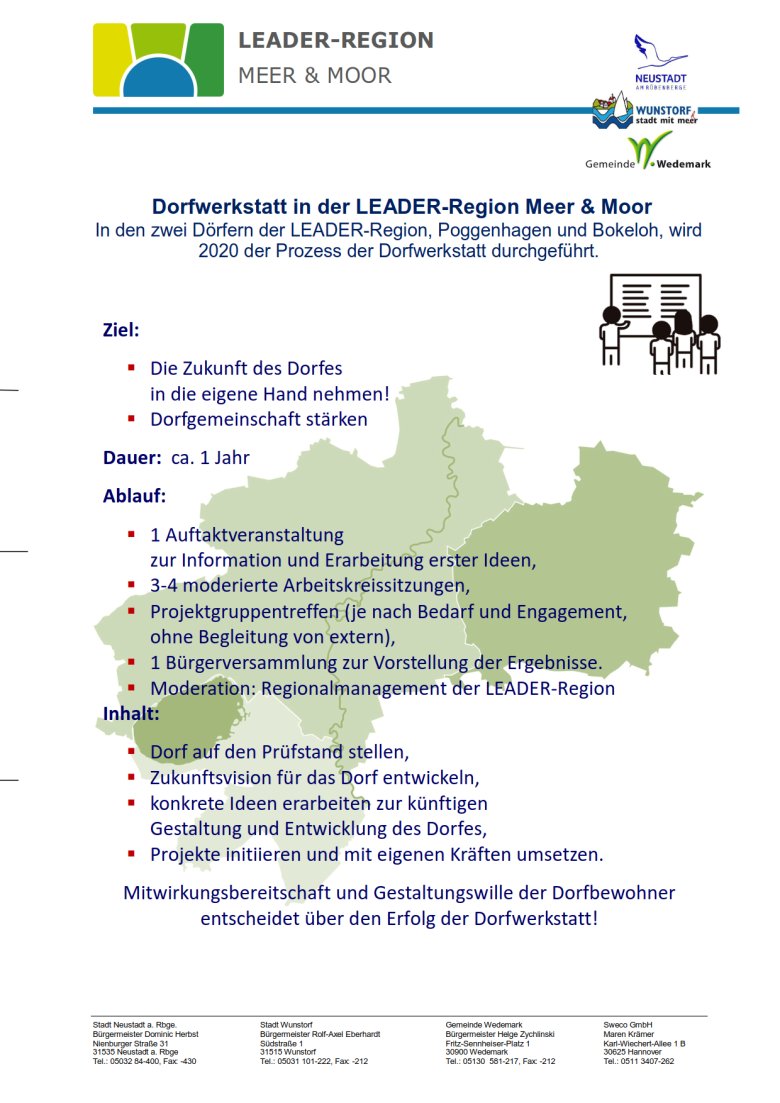 Infoblatt Ankündigung Dorfwerkstatt in der Leader-Region Meer und Moor