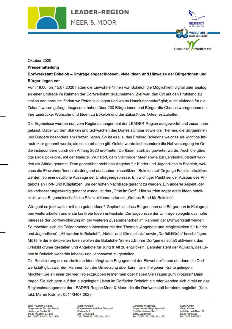 Umfrageergebnisse Pressemitteilung Dorfwerkstatt Bokeloh