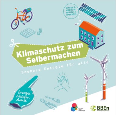 Broschüre Klimaschutz zum Selbermachen. Zu sehen sind ein Fahrrad, Solaranlagen und Windräder die als Vorlage zum ausschneiden dienen.