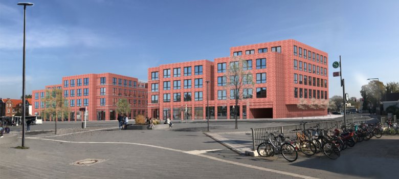 Darstellung die Fensterfront des neuen Gebäudekörpers in Klinkerausführung innerhalb des Bestandes. Sicht aus Richtung des Bahnhofes auf die westliche Fassade. 