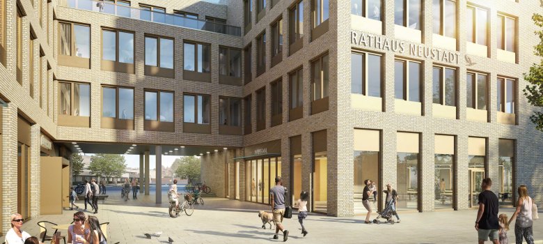 Visualisierung des neuen Rathausvorplatzes. Links sitzen Menschen draußen vor einem Café, in der Mitte ist ein Durchgang unter dem Verbindungsstück des Rathauses. Rechts ist der Ratssaal im Erdgeschoss zu sehen. - Link öffnet seitenüberlagerndes Dialogfenster