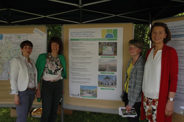 Frau Lamla und drei andere Damen neben einer Informationstafel zum Thema Leader-Region Meer und Moor