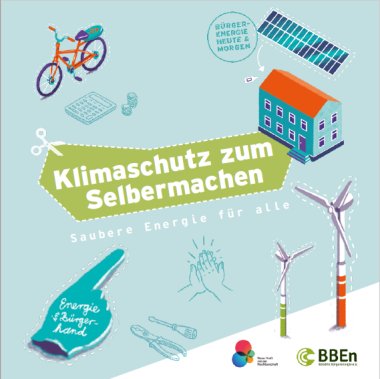 Broschüre Klimaschutz zum Selbermachen Broschüre Klimaschutz zum Selbermachen. Zu sehen sind ein Fahrrad, Solaranlagen und Windräder die als Vorlage zum ausschneiden dienen.