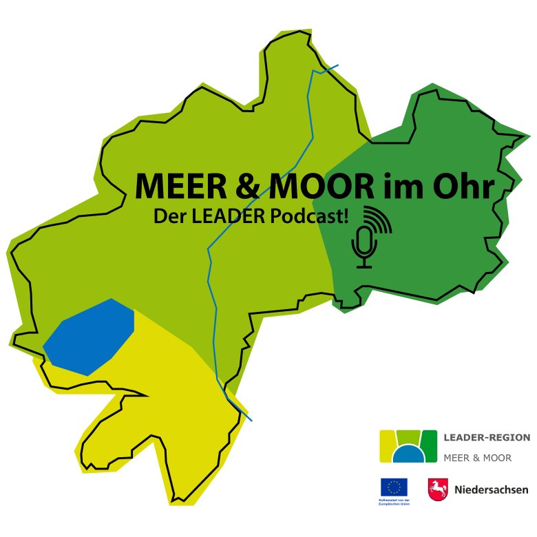 Bildcollage Podcast Meer & Moor. Oben links das Leader-Logo mit Kopfhörer, im Hintergrund ein Bild vom Steinhuder Meer. Unten links Schrift Bearbeitung und Moderation: maren Krämer und Carlice Brestant, oben rechts Schrift: Herausgeber: Stadt Neustadt a. Rbge.