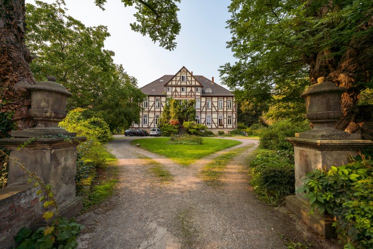 Frontalansicht auf ein altes Gutshaus, das von großen Bäumen umrandet wird.