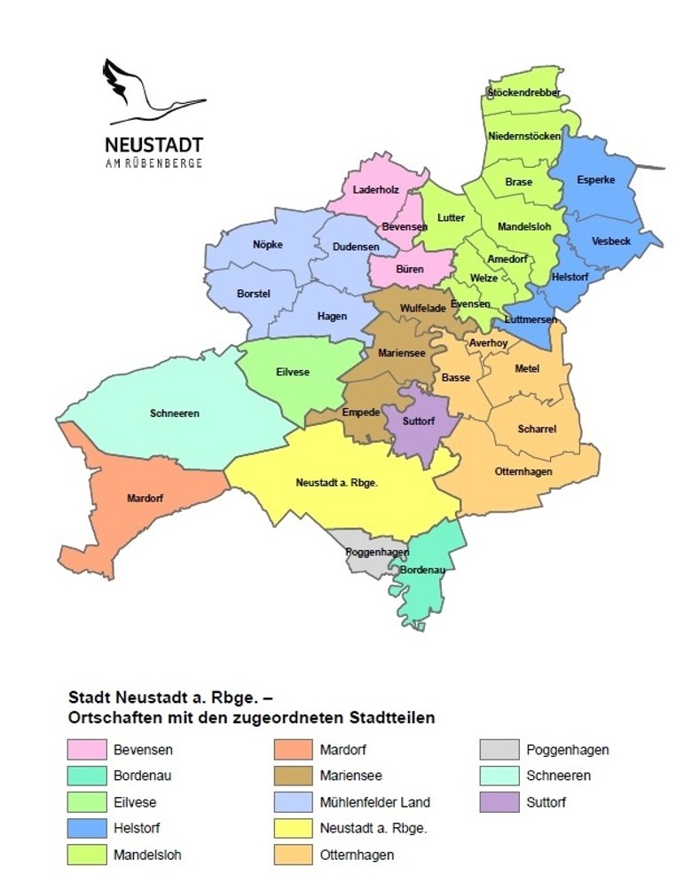 Übersichtskarte der Ortschaften Neustädter Land. Die zu den Ortschaften zugehörigen Ortsteile sind farblich gekennzeichnet.