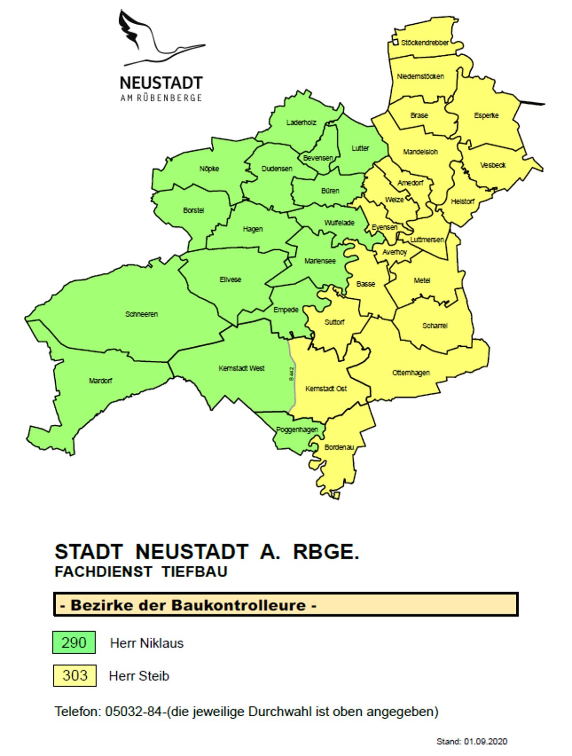 Planskizze Neustadt a. Rbge. Die Zuständigkeitsbereiche der Baukontrolleure sind farblich markiert.