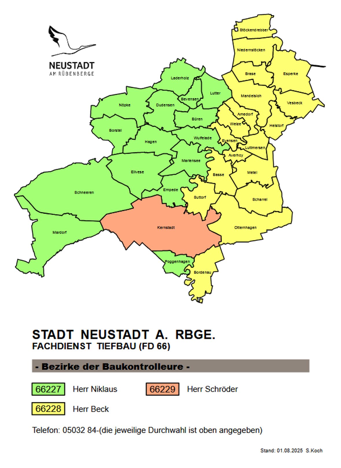 Planskizze Neustadt a. Rbge. Die Zuständigkeitsbereiche der Baukontrolleure sind farblich markiert.