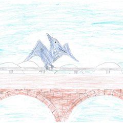 Felia - 8 Jahre. Flugsaurier auf einer Brücke.