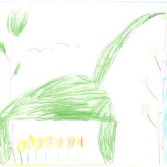 Jannick - 6 Jahre. Großer grüner Dino frisst Blätter von einem hohen Baum.