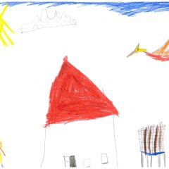 Johann - 6 Jahre. Flugsaurier über seinem Haus in Eilvese.