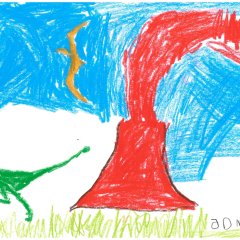 Jonah - 5 Jahre. Dinosaurier neben einem Vulkan.