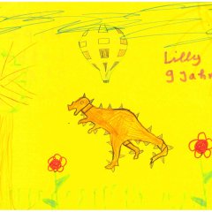 Lilly - 9 Jahre. Dinosaurier in der Natur und Heißluftballon.
