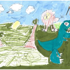 Linus - 7 Jahre. Ein grüner T-Rex in der Natur. Im Hintergrund ist ein Löwe und ein Storch zu sehen.