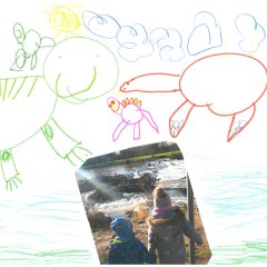 Mariella und Matteo - 6 und 4 Jahre. Fünf Saurier und ein Bild von den Beiden am Wasserfall.