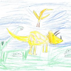 Mila - 7 Jahre. Ein gelber Dinosaurier und Flugsaurier. Daneben ein grüner Langhalssaurier.