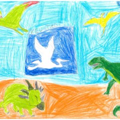 Milla - 7 Jahre. Vier Dinosaurier und in der Mitte eine blaue Fahne mit einem weißen Storch drauf.