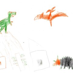 Niklas - 6 Jahre. Zwei Dinosaurier und ein Flugsaurier vor der Stadt.