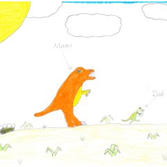 Ron - 9 Jahre. Mutter Dinosaurier verfolgt Dieb Dinosaurier mit gestohlenem Ei.