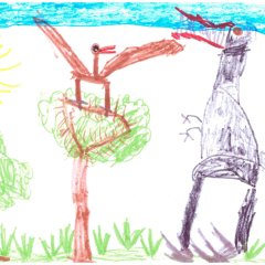 Sophia - 5 Jahre. In der Natur ein großer Dino und auf Flugsaurier auf einem Baum sitzend.